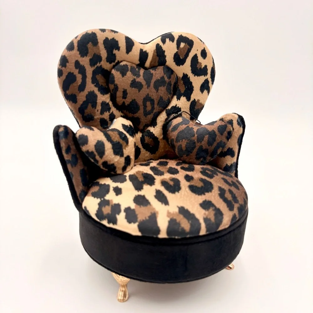 Willow & Riley Leopard Velvet Heart Armchair Jewelry Box Mirror Gold Legs NEW
